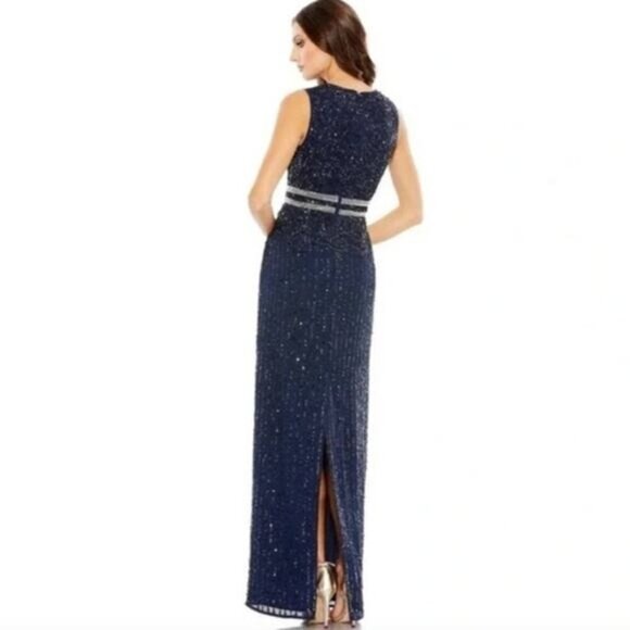 NWT MAC DUGGAL Dress 0 Evening Gown Sequin Beaded NEW Navy Blue Sleeveless #7967 - Picture 4 of 12